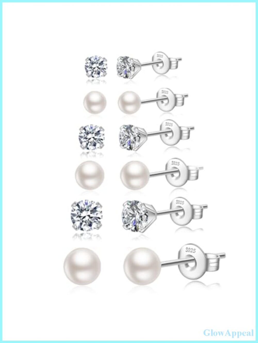 Sterling Silver Pearl & Cubic Zirconia Stud Earrings Set - 6 Pairs